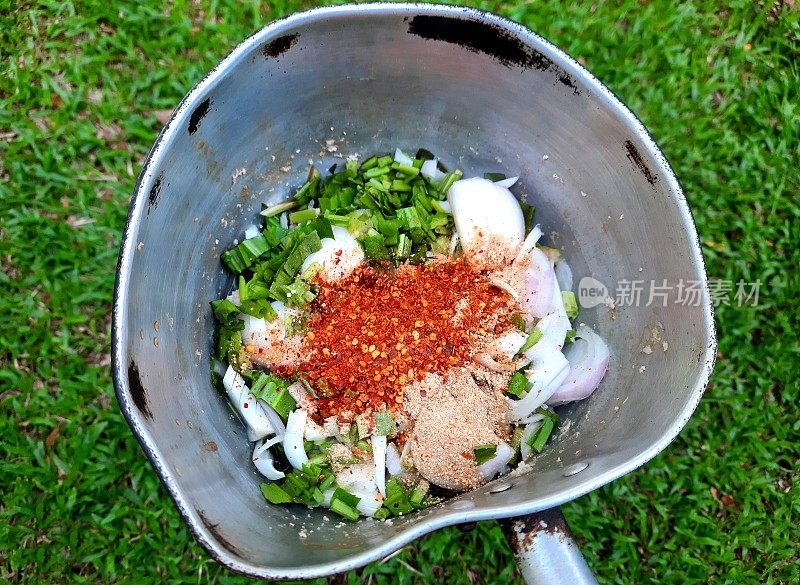 肉末辣味沙拉(Larb Moo) -泰式食物准备。